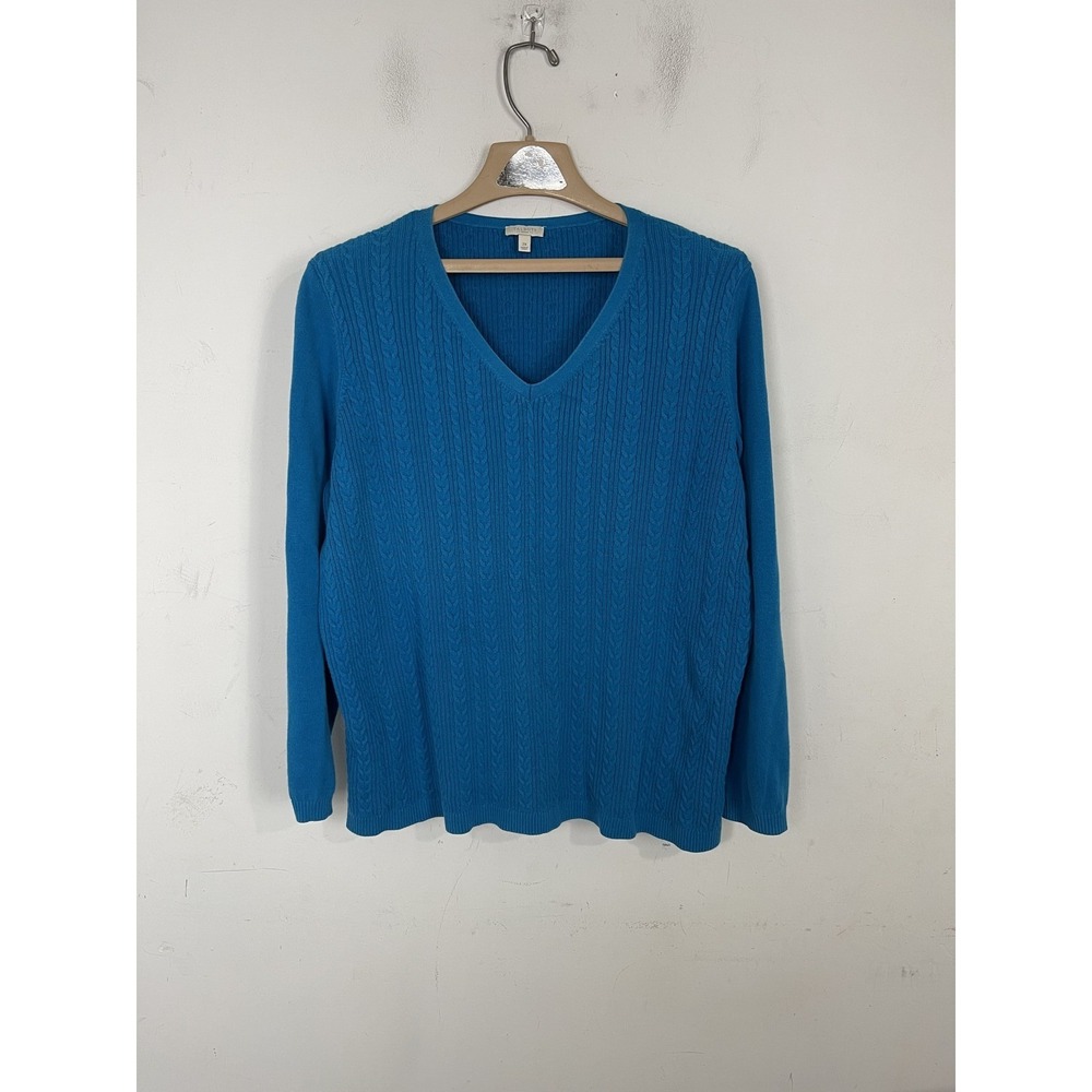Talbots Womens 2X‎ Blue V-Neck Cable Knit Long Sleeve Pullover Sweater